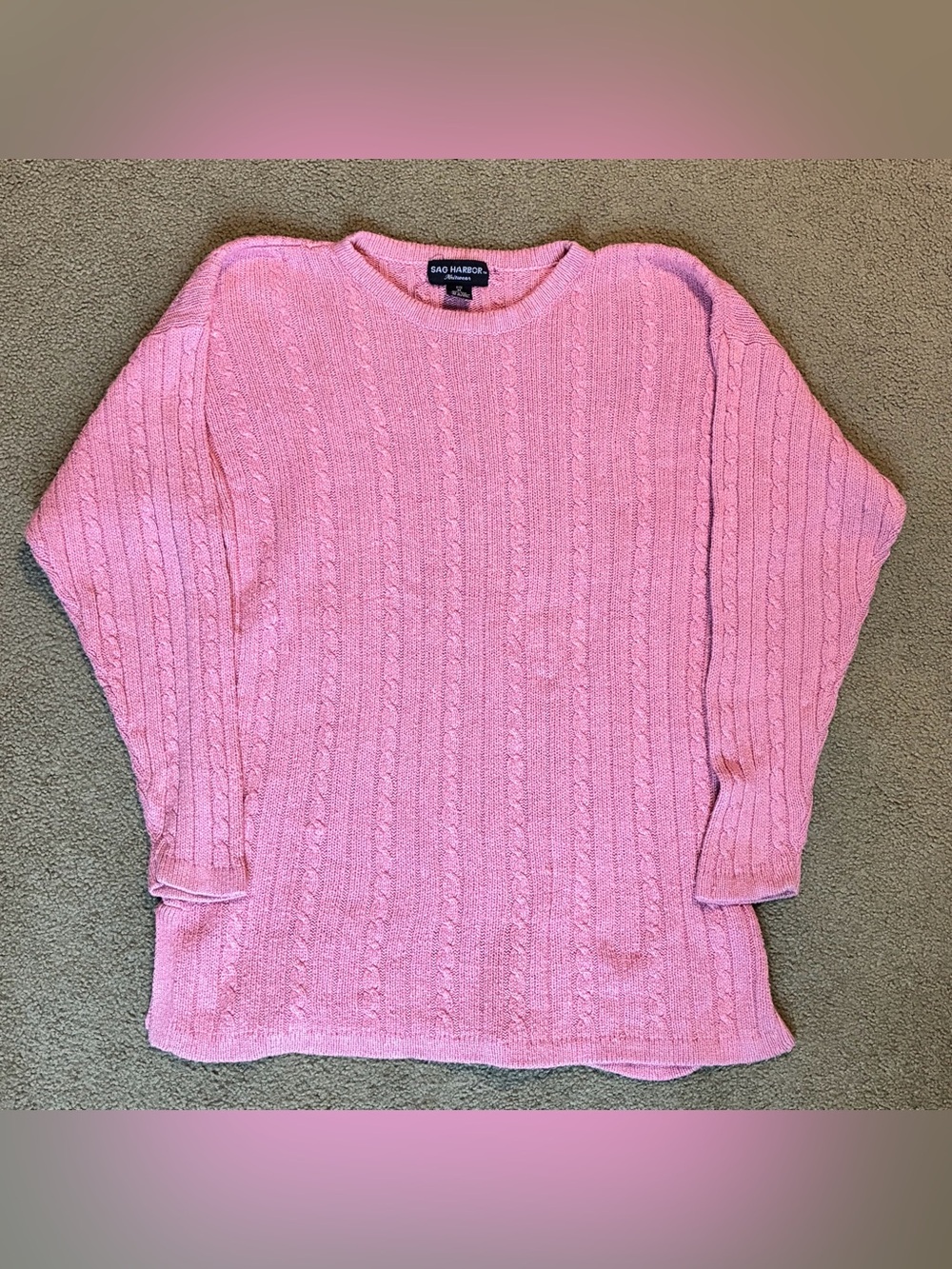 Sag Harbor Women’s Pink Cable Knit Crewneck Sweater Sz M Silk Cardigan Pullover